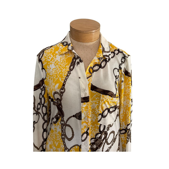 Timing Womens 1X Yellow White Blouse Chain Print Button Up Long Sleeve Top - Picture 9 of 11